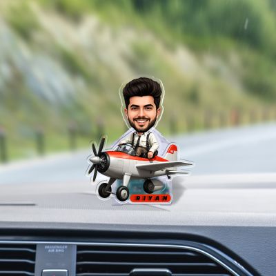 Personalized Airplane Pilot Bobblehead Caricature Custom with Face Cutout & Name Gift for Gift for Pilot & Airplane Lovers Car Dashboard & Home Decor Battery Powered Moving Head Feature